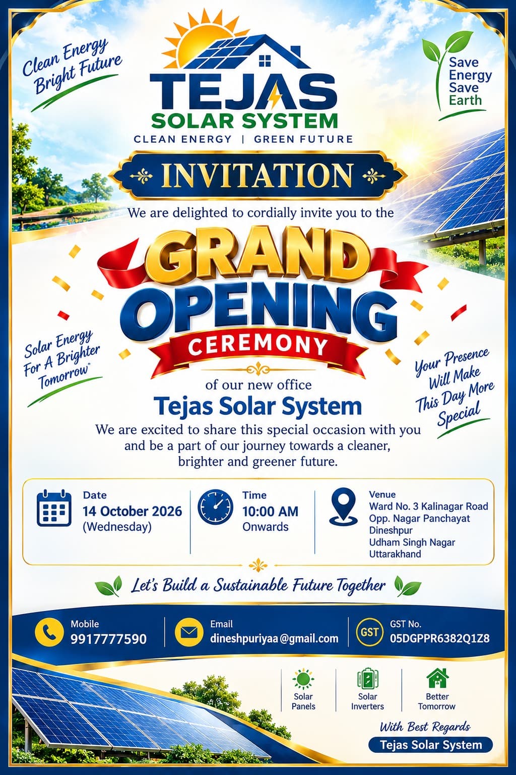 Tejas Solar System grand opening invitation, 14 October 2026